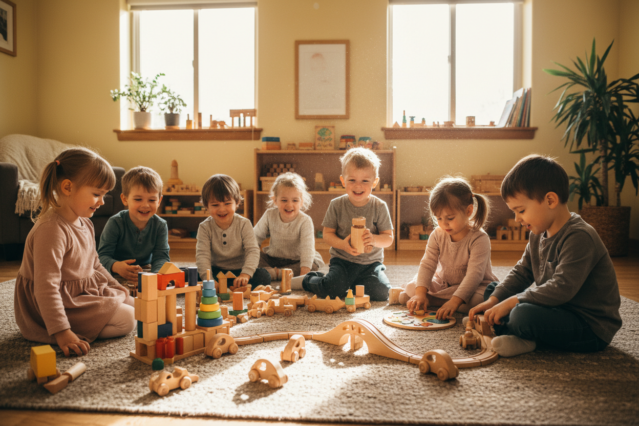 KIDS PLAYING WITH WOODEN TOYS