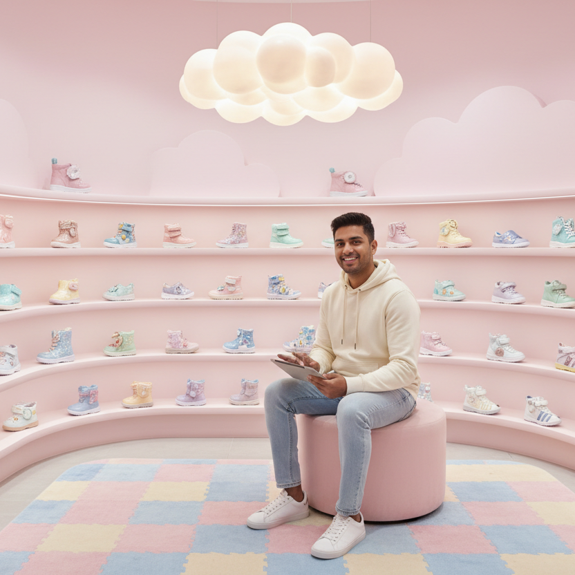 Indian young man sitting in a modern kids footwear store, Peppy color pastel theme like pink