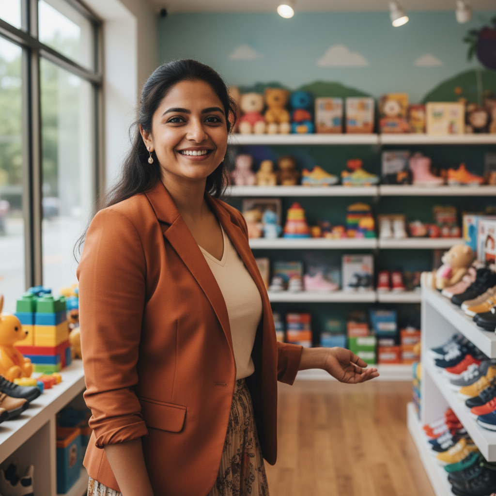 Make her indian women and square size of image with toys and footwear of kids in background